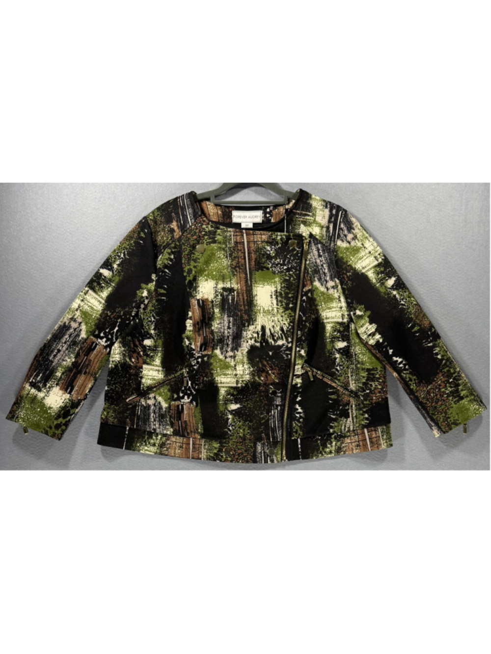 Forever Audrey Asymmetric Zip Jacket 16W Green Brown Abstract Painterly Moto